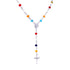 The Rosary Multicolor Crystal Beads Necklace White Gold filled features vibrant crystal beads in red, blue, and orange shades. It includes a silver medallion at the center and finishes with a crucifix at the base. The beads are beautifully connected by metal links, all set against a sleek white background.